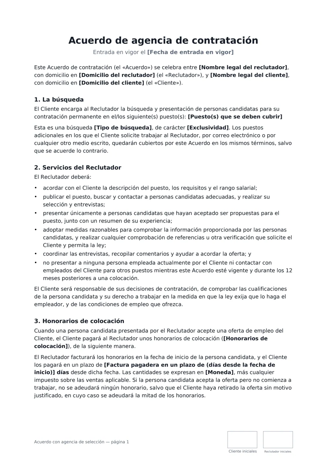 Acuerdo con agencia de selección: página 1 de 3