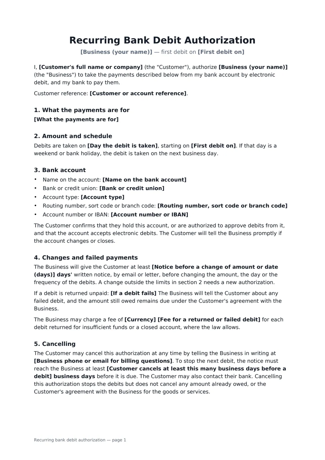 Recurring bank debit authorization — page 1 of 2