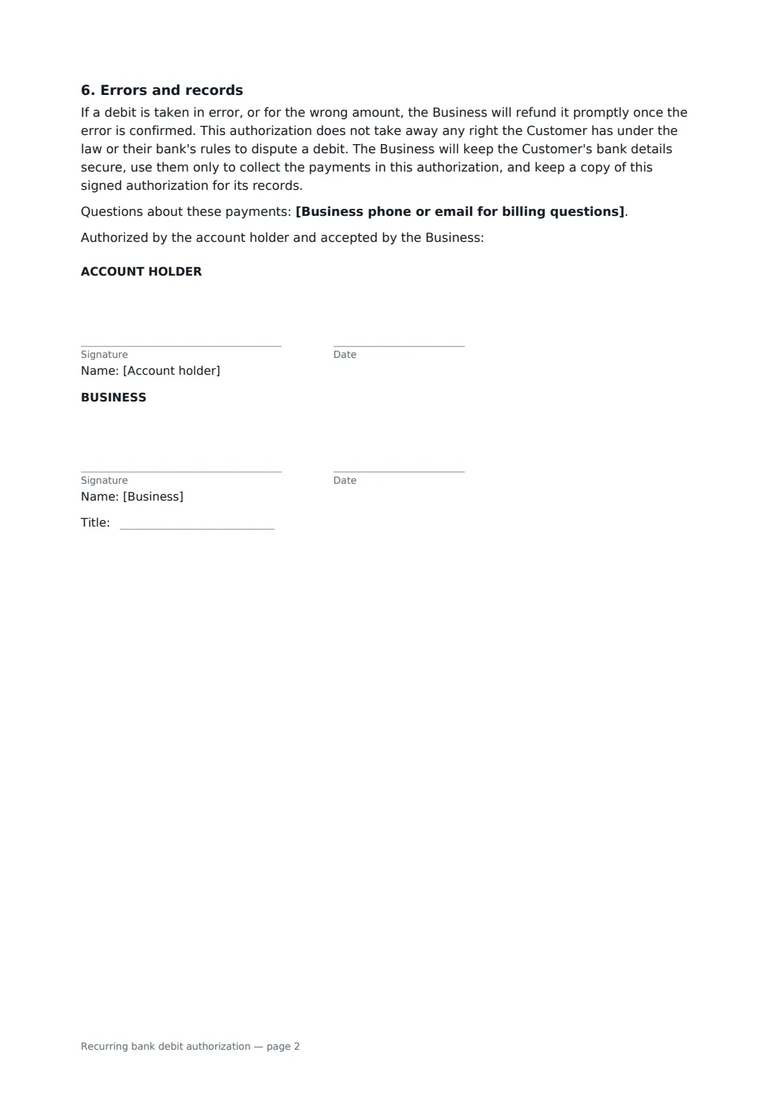 Recurring bank debit authorization — page 2 of 2