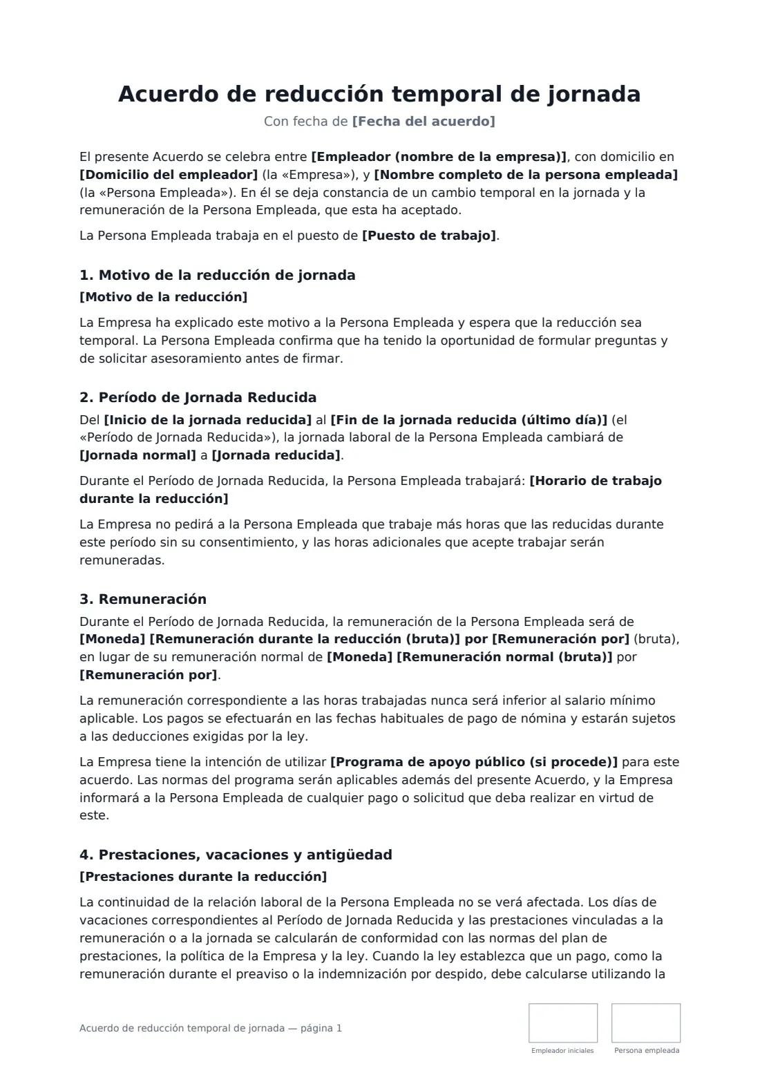 Acuerdo de reducción temporal de jornada: página 1 de 3