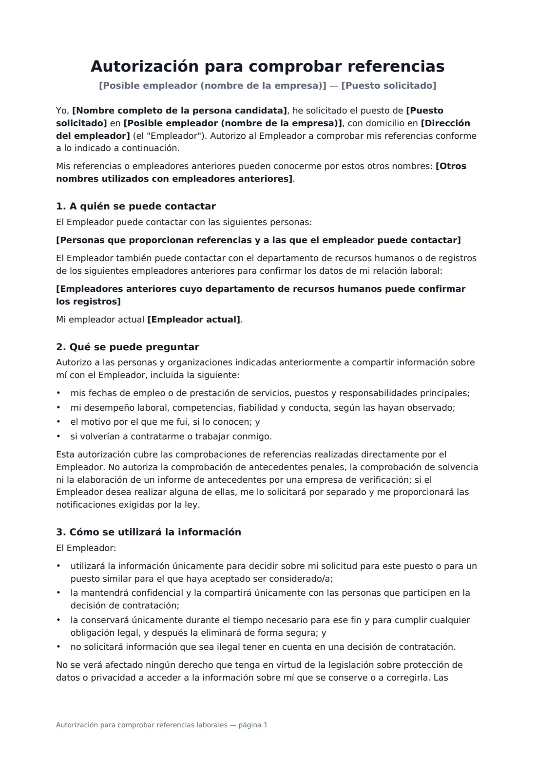 Autorización para comprobar referencias laborales: página 1 de 2