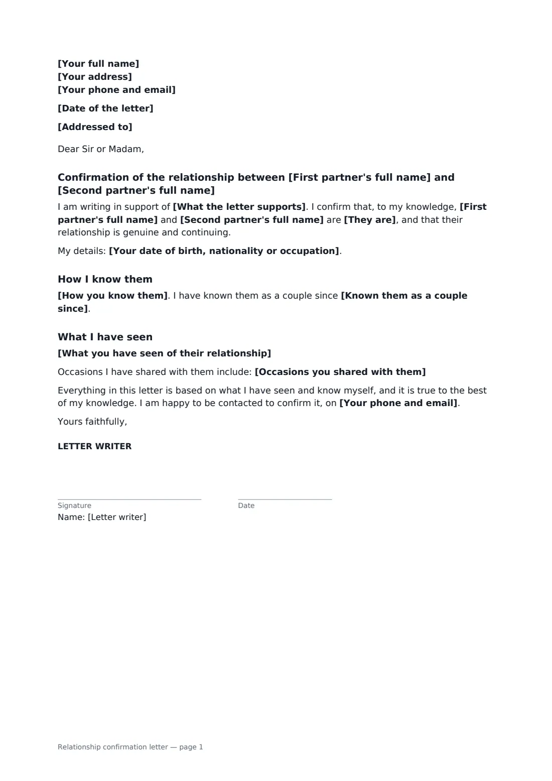 Relationship confirmation letter — page 1 of 1