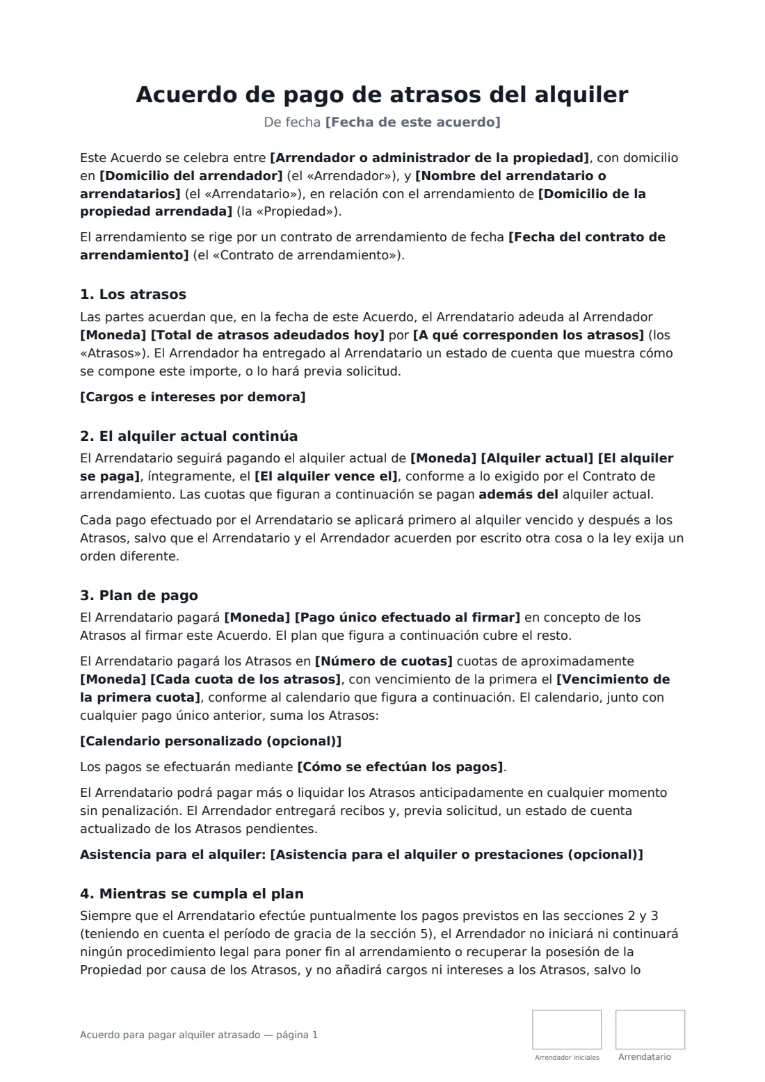 Acuerdo para pagar alquiler atrasado: página 1 de 2