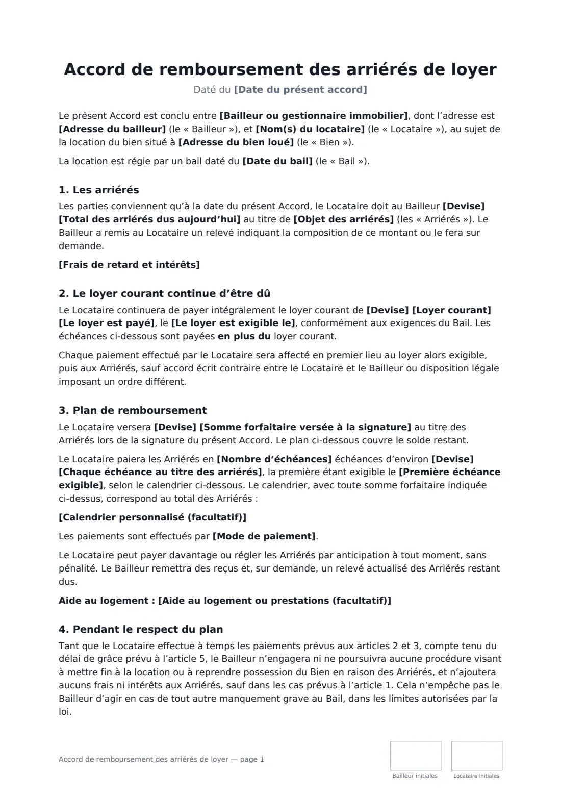 Accord de remboursement des arriérés de loyer — page 1 sur 2