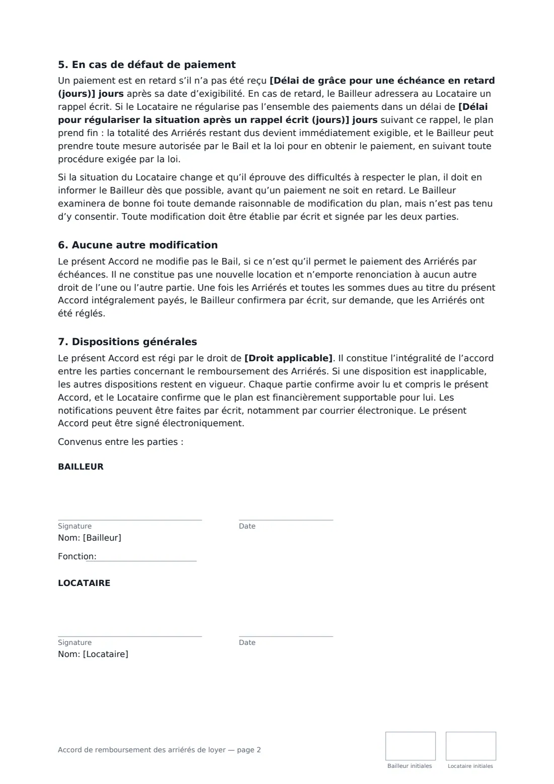 Accord de remboursement des arriérés de loyer — page 2 sur 2