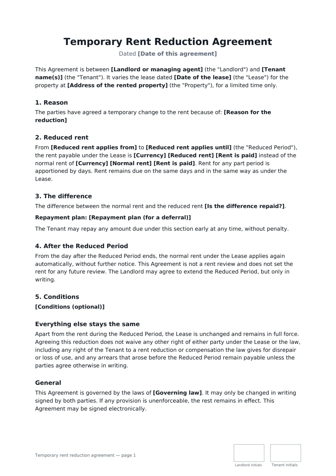 Temporary rent reduction agreement — page 1 of 2