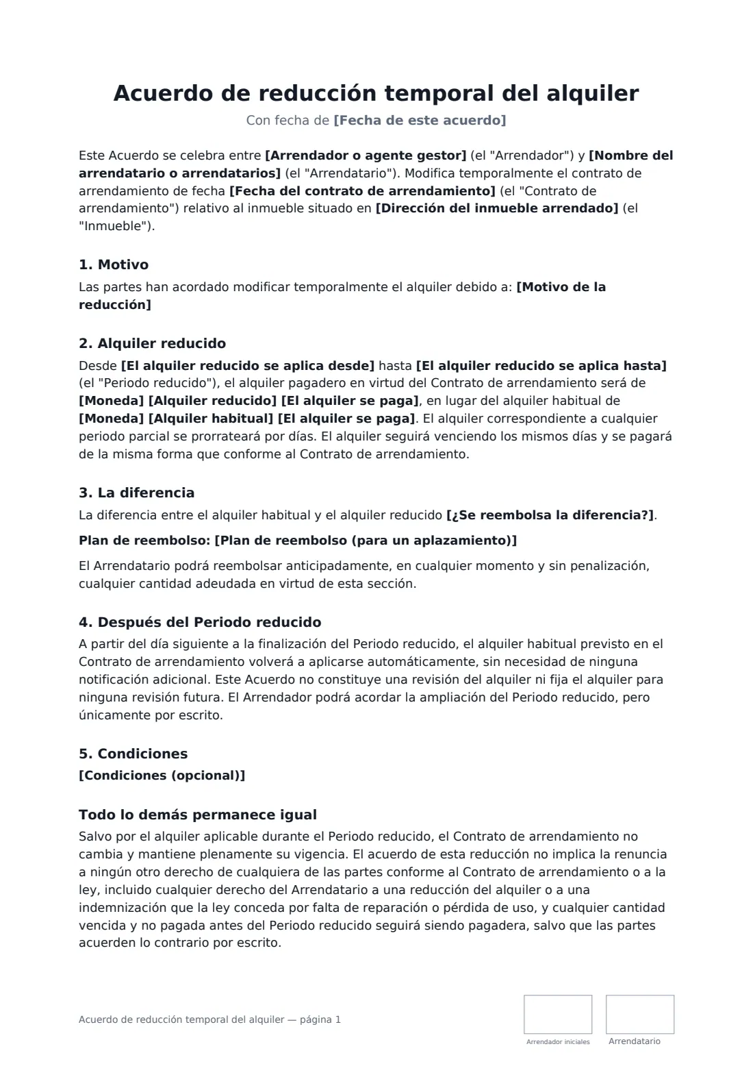Acuerdo de reducción temporal del alquiler: página 1 de 2