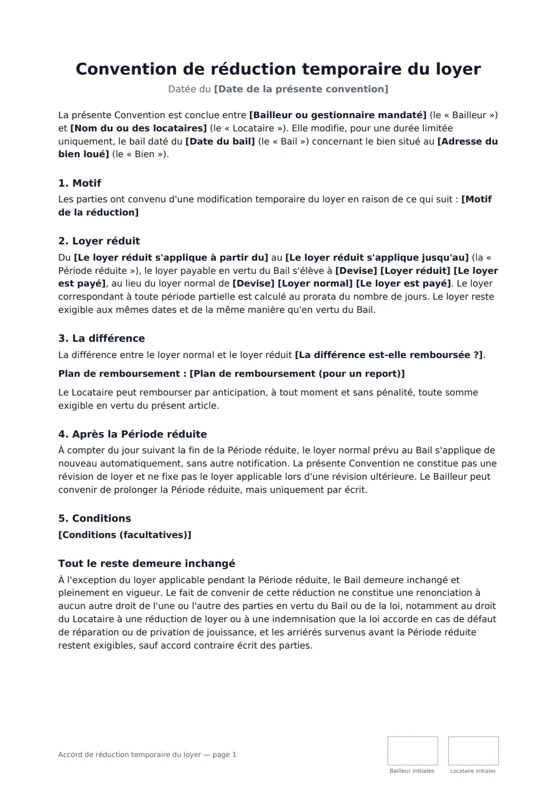 Accord de réduction temporaire du loyer — page 1 sur 2