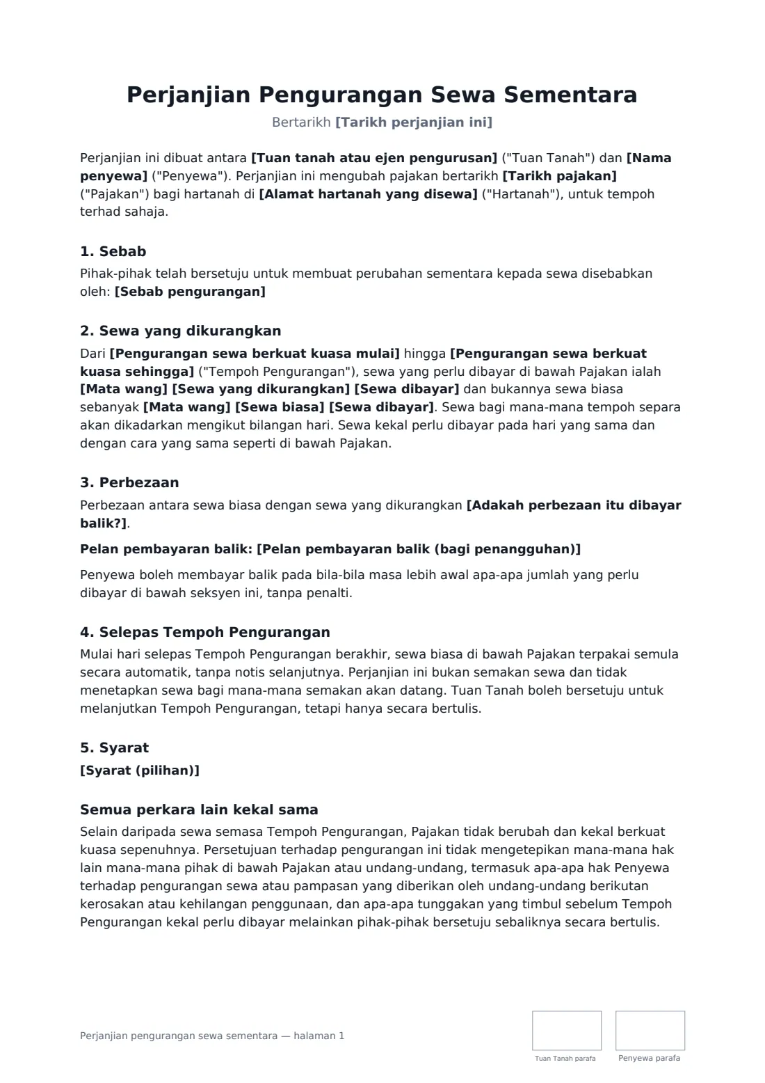 Perjanjian pengurangan sewa sementara — halaman 1 daripada 2