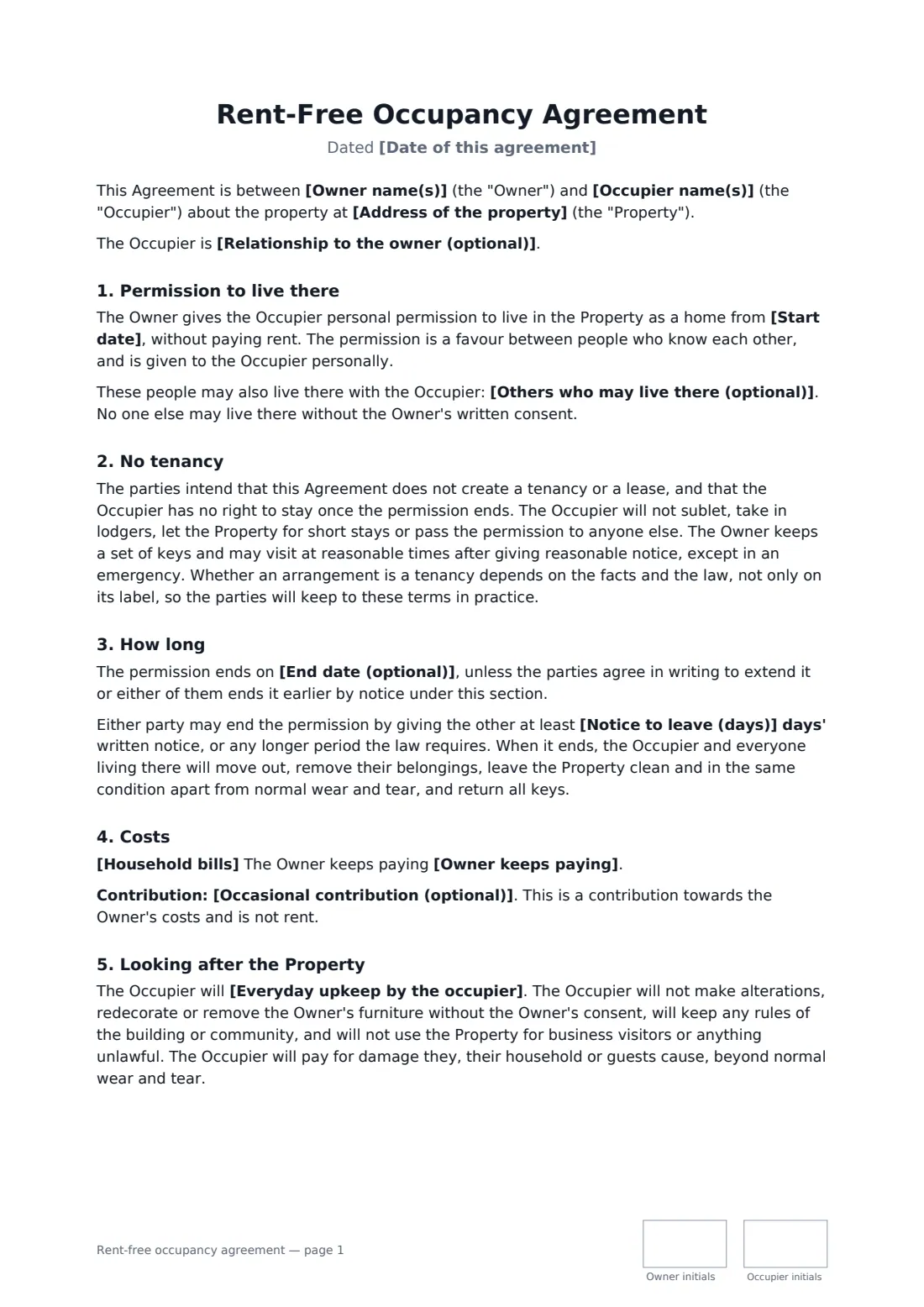 Rent-free occupancy agreement — page 1 of 2