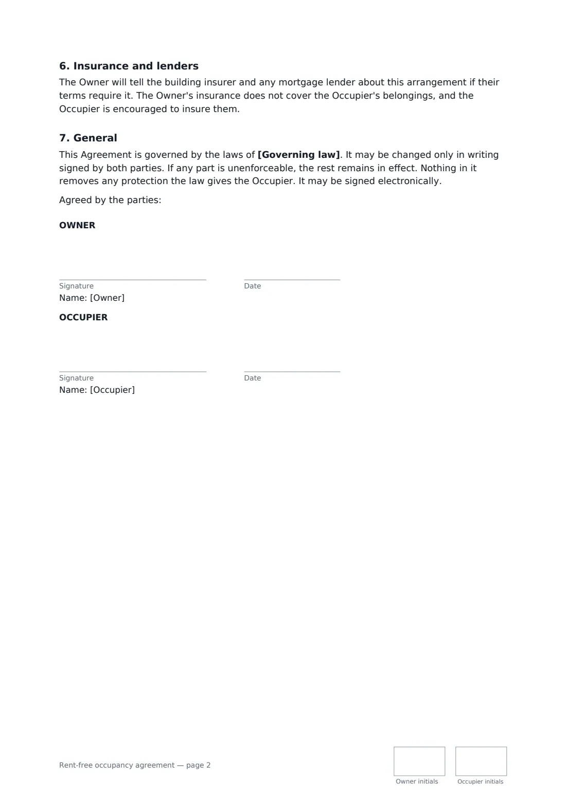 Rent-free occupancy agreement — page 2 of 2