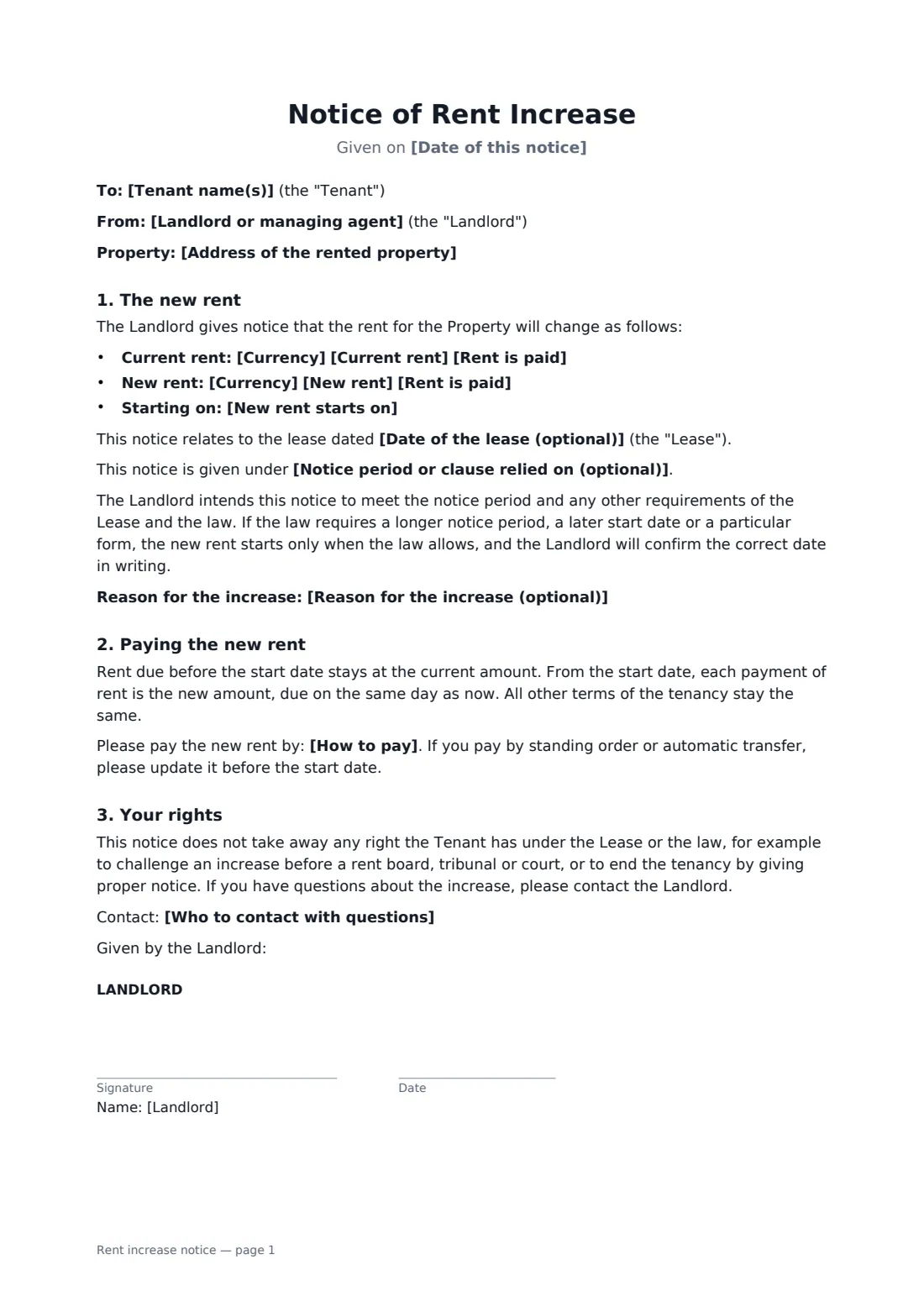 Rent increase notice — page 1 of 2