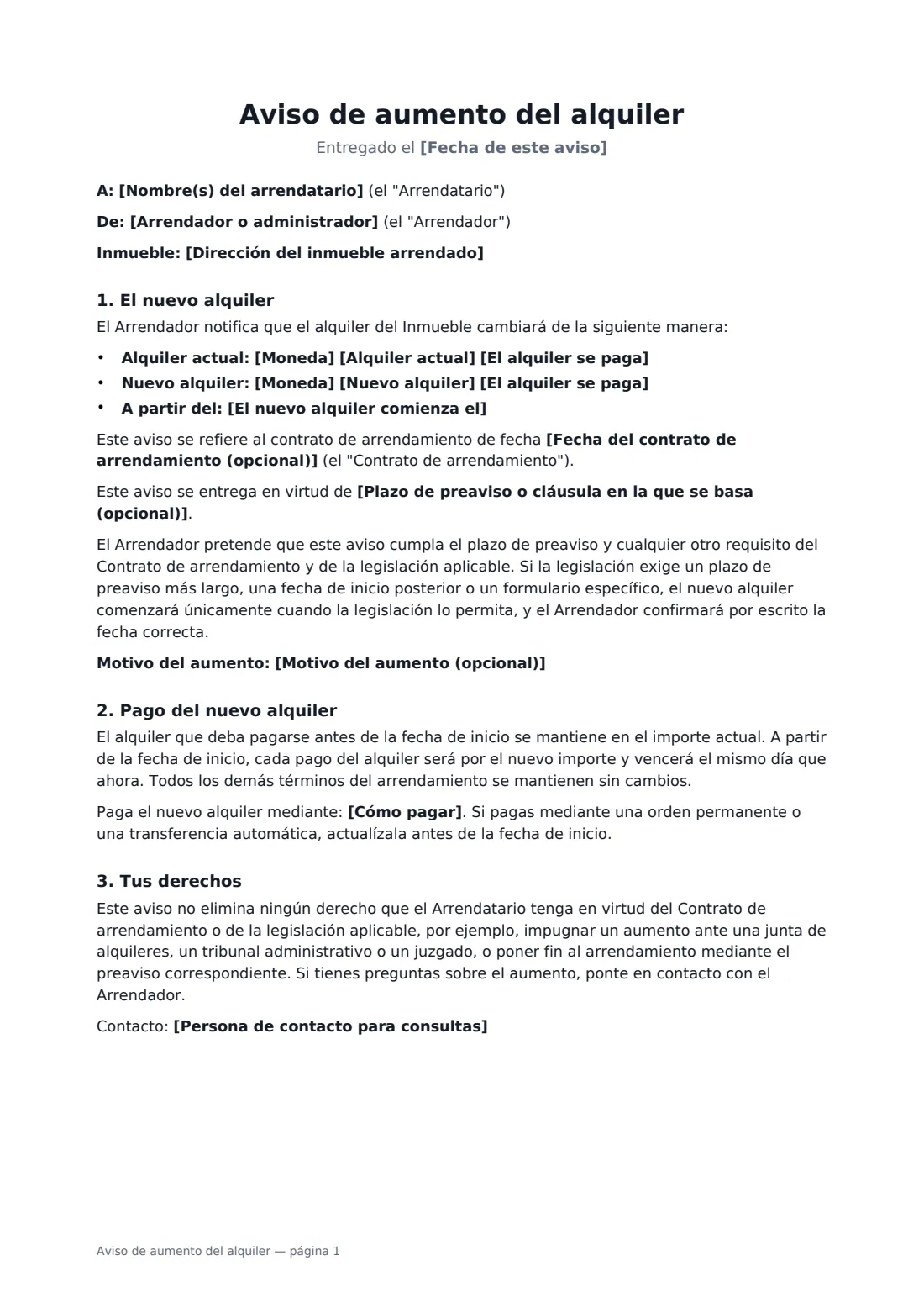 Aviso de aumento del alquiler: página 1 de 2