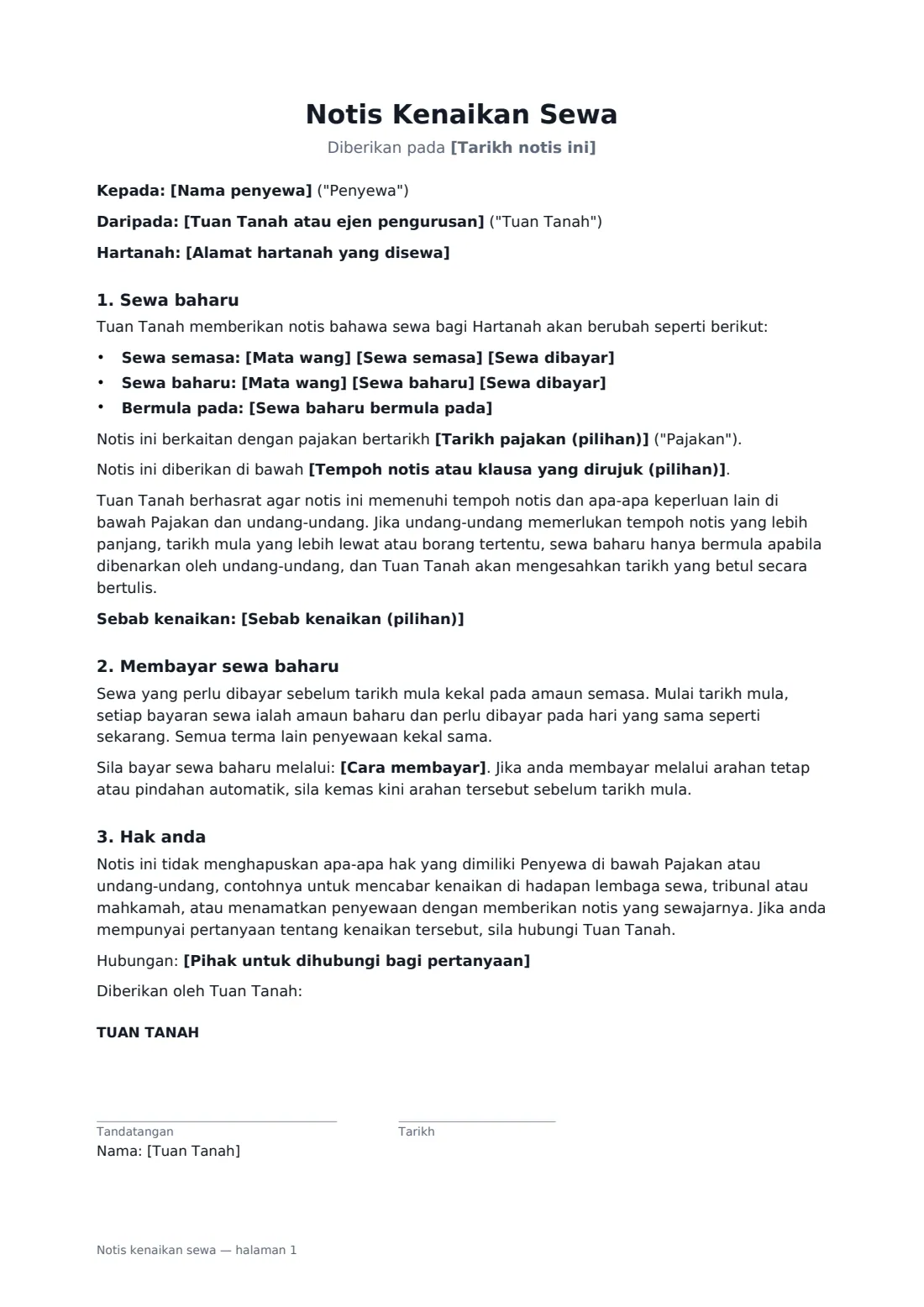 Notis kenaikan sewa — halaman 1 daripada 2