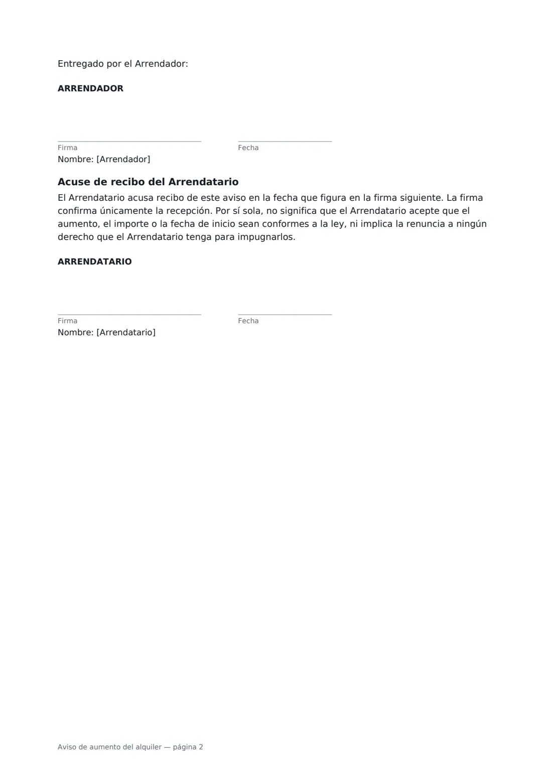 Aviso de aumento del alquiler: página 2 de 2