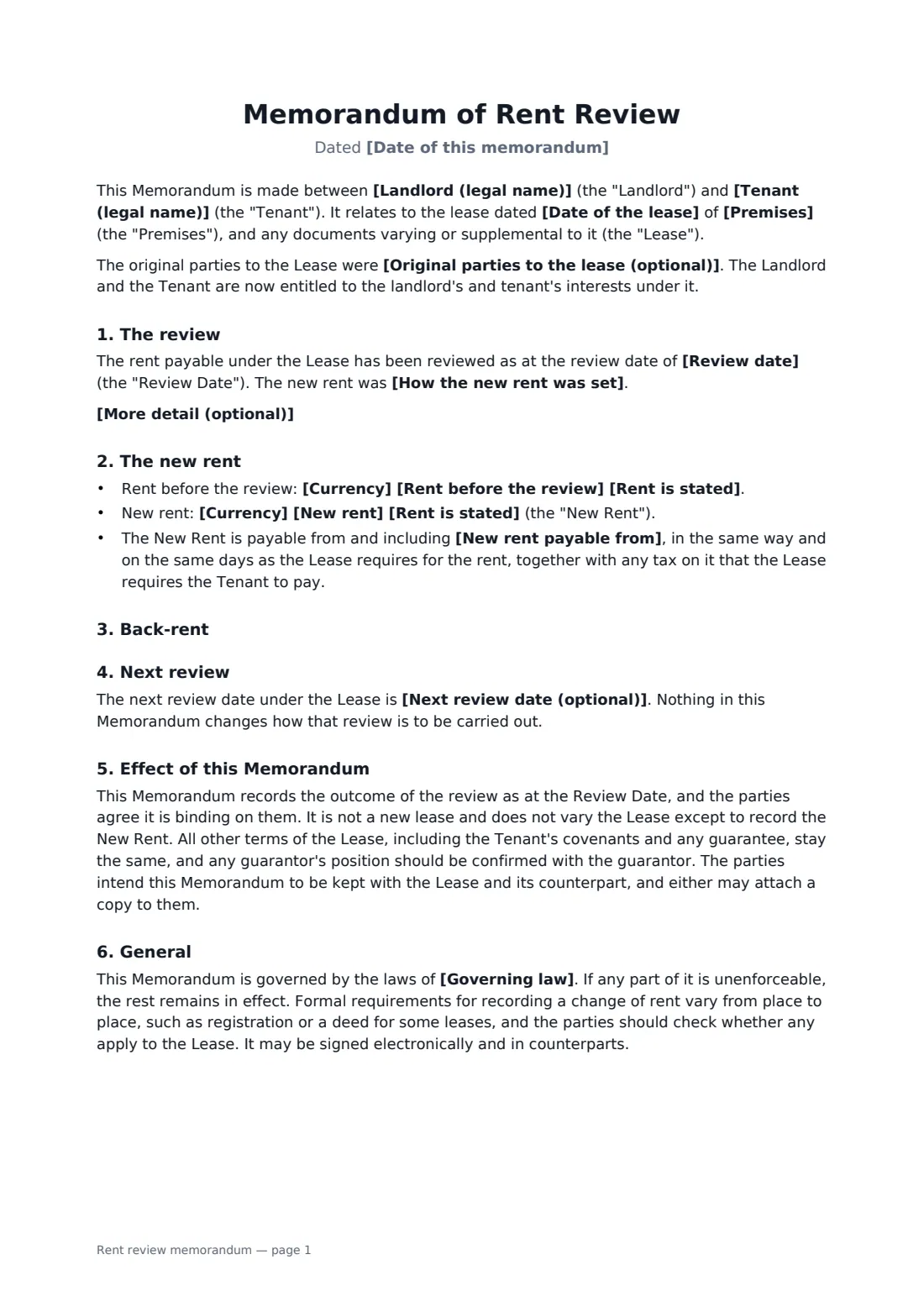 Rent review memorandum — page 1 of 2