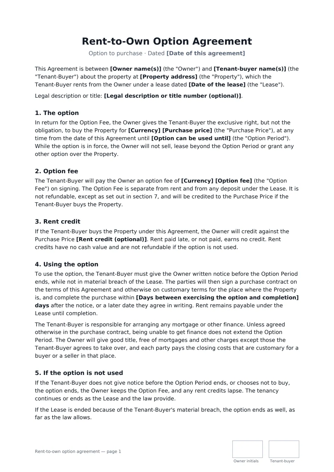 Rent-to-own option agreement — page 1 of 2
