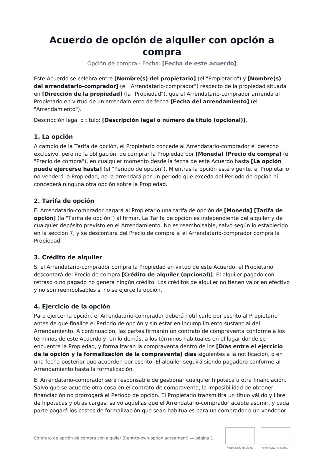 Contrato de opción de compra con alquiler (Rent-to-own option agreement): página 1 de 3
