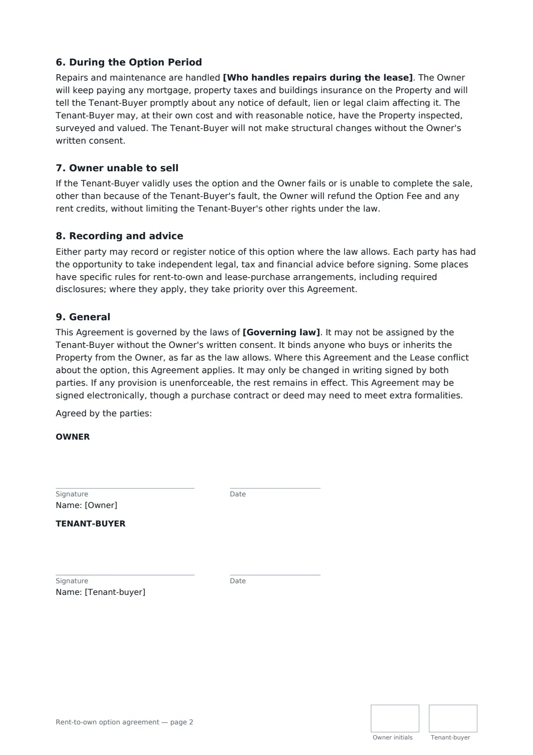 Rent-to-own option agreement — page 2 of 2