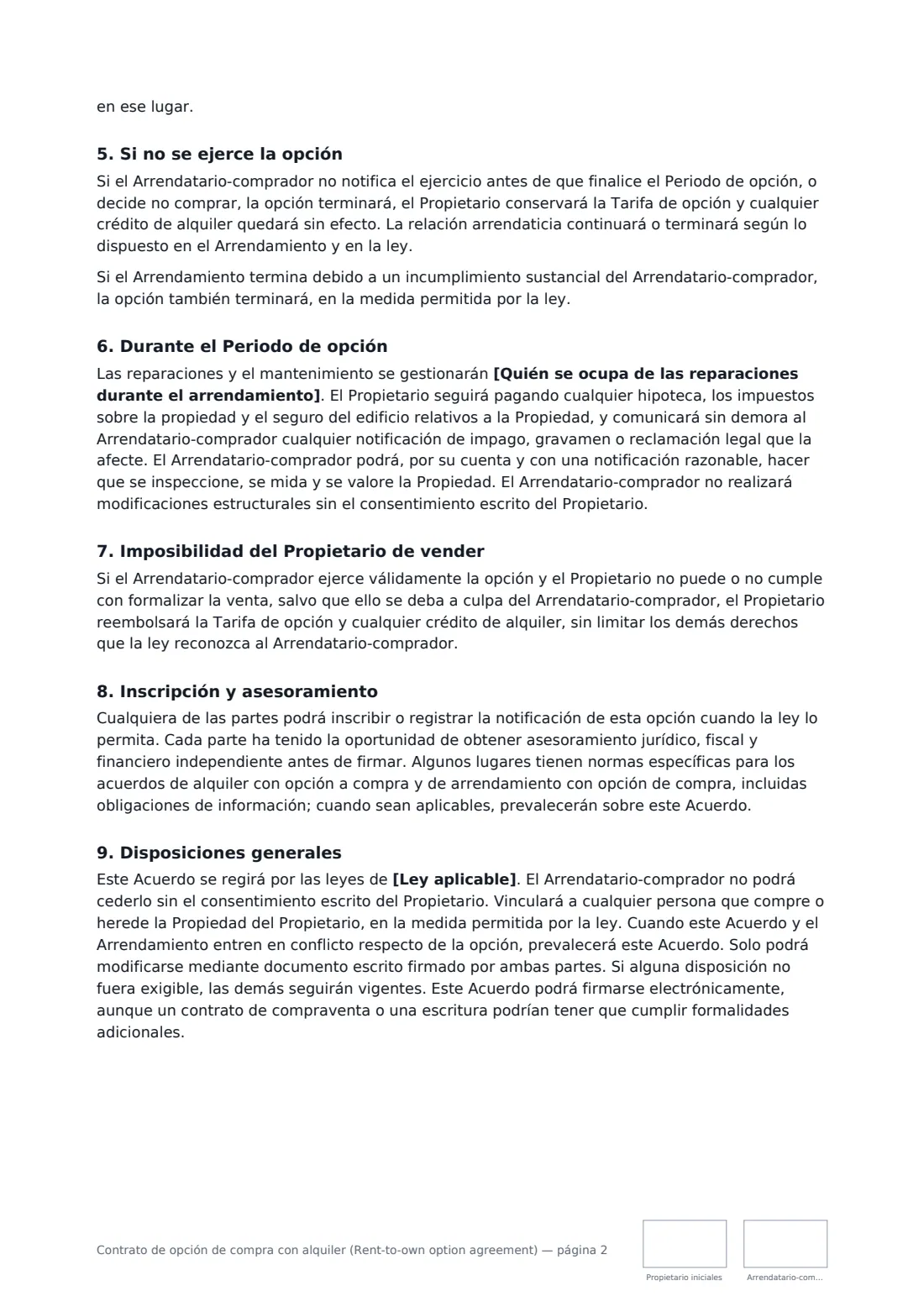 Contrato de opción de compra con alquiler (Rent-to-own option agreement): página 2 de 3