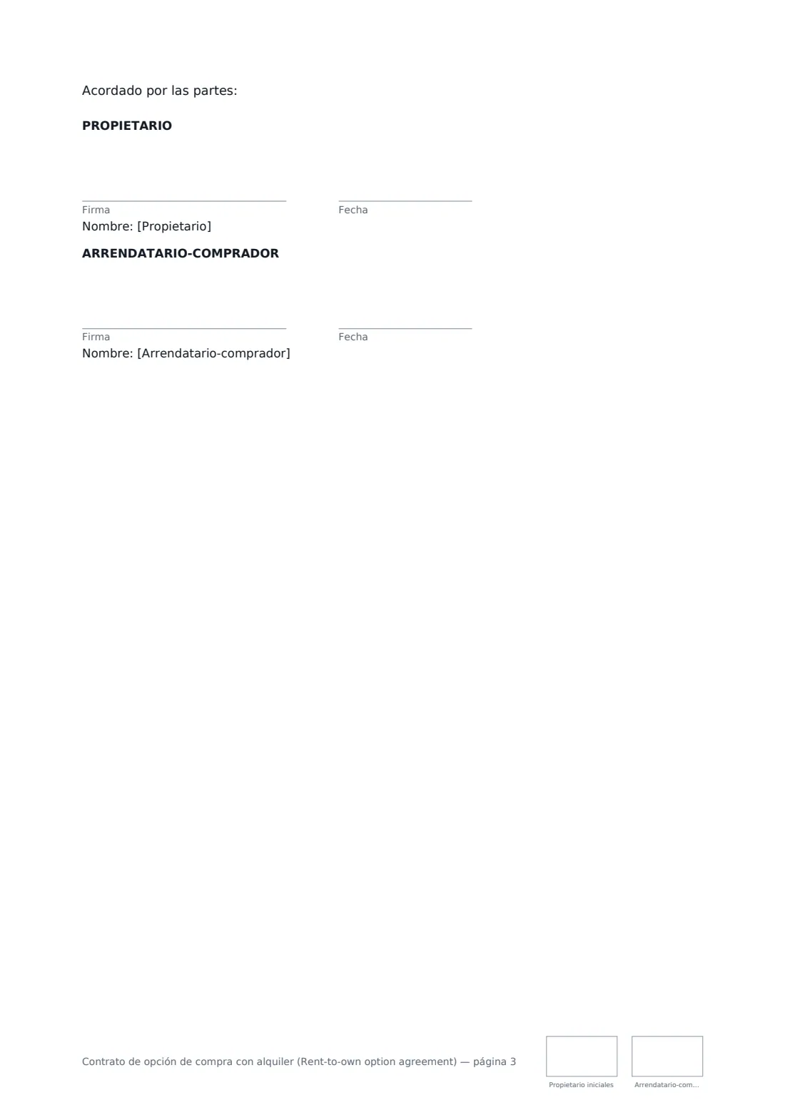 Contrato de opción de compra con alquiler (Rent-to-own option agreement): página 3 de 3