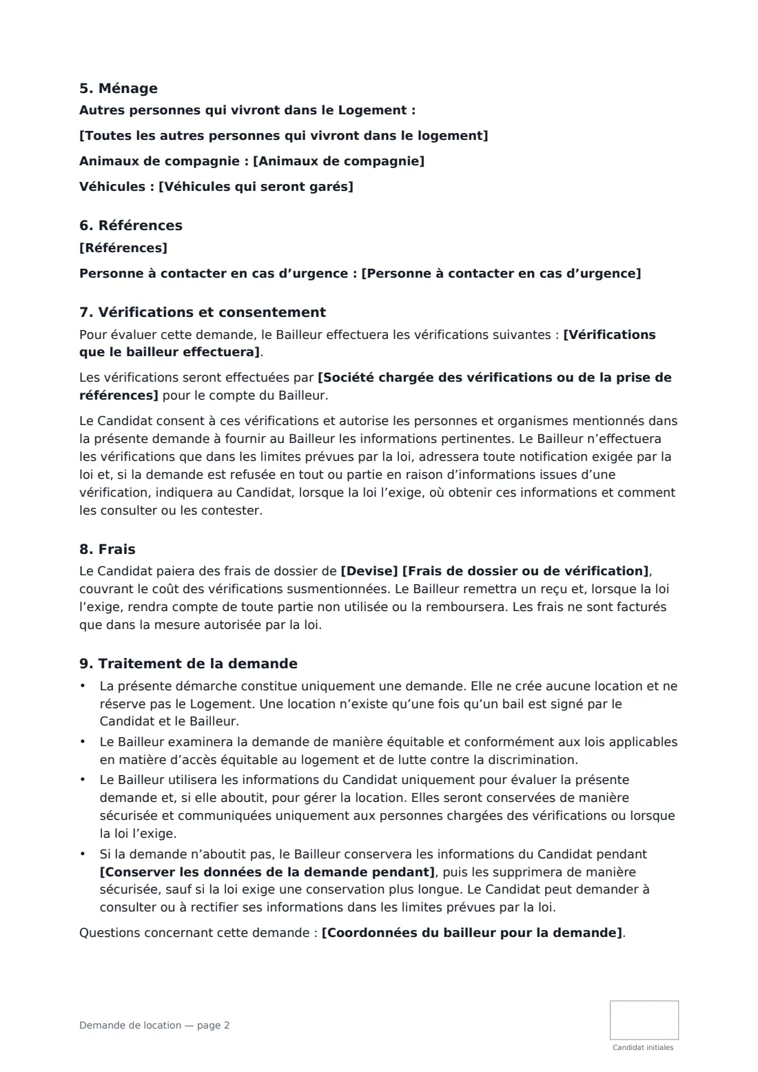 Demande de location — page 2 sur 3