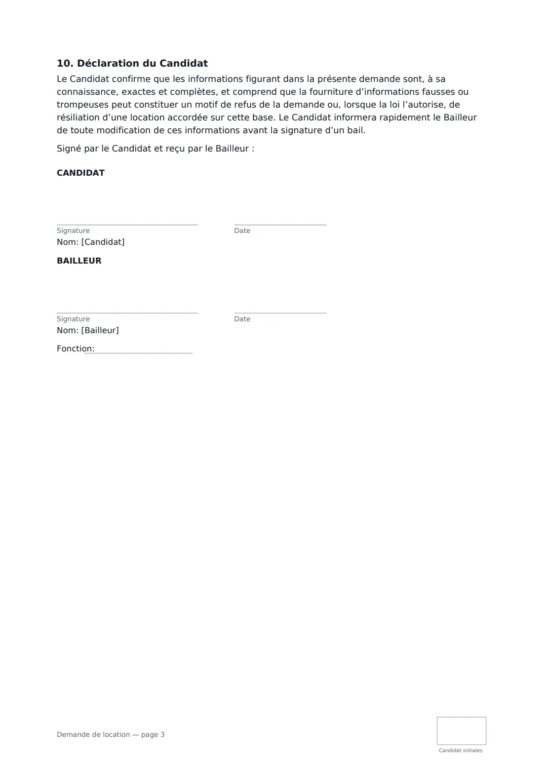 Demande de location — page 3 sur 3