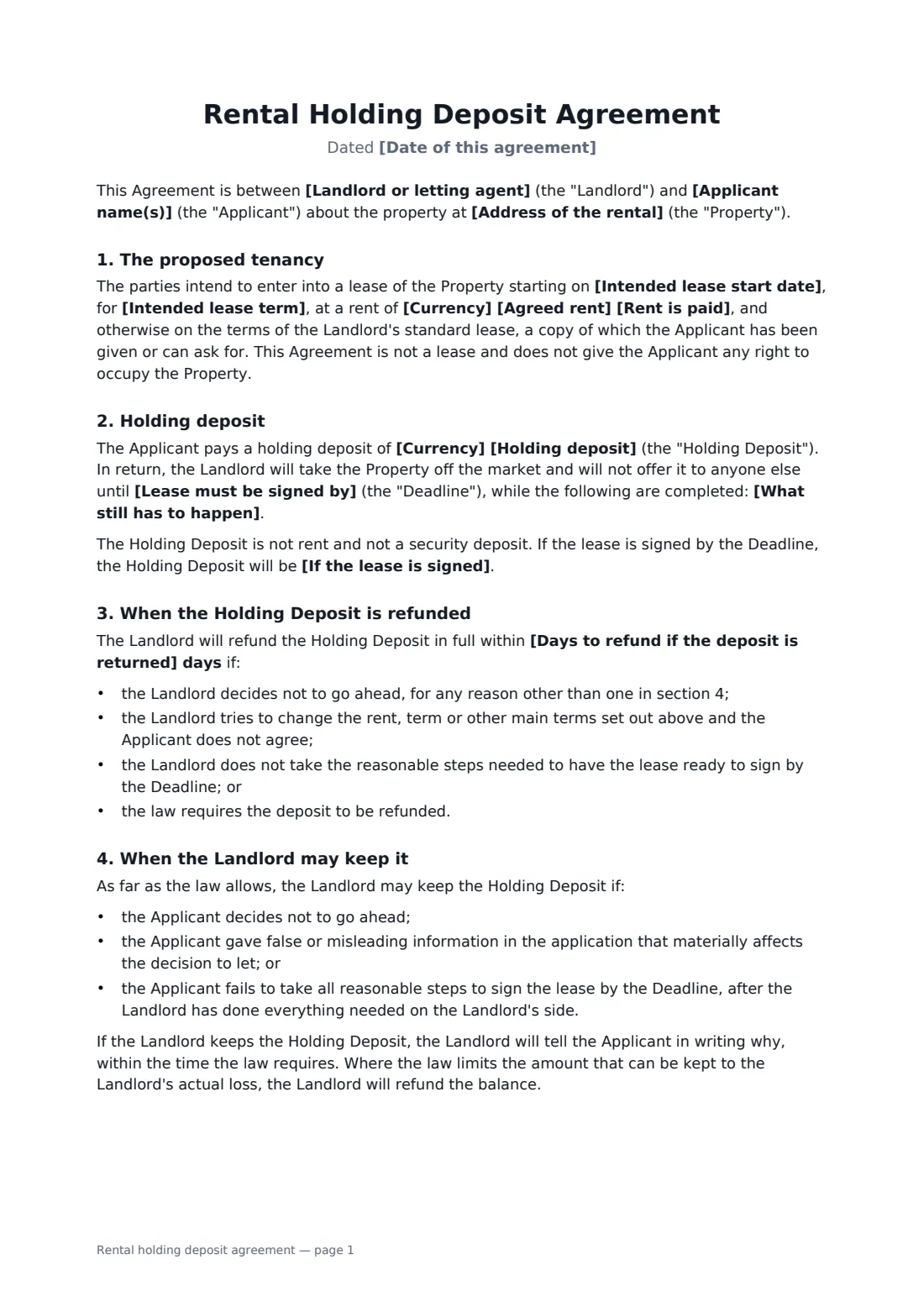 Rental holding deposit agreement — page 1 of 2