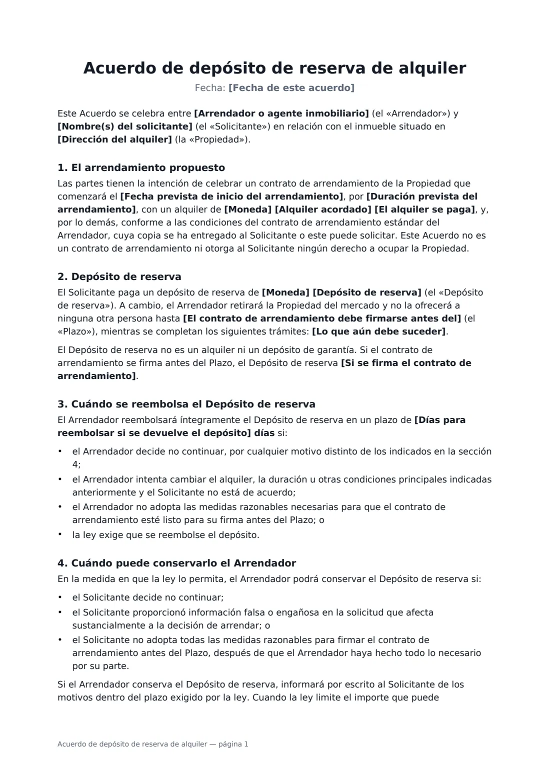Acuerdo de depósito de reserva de alquiler: página 1 de 2