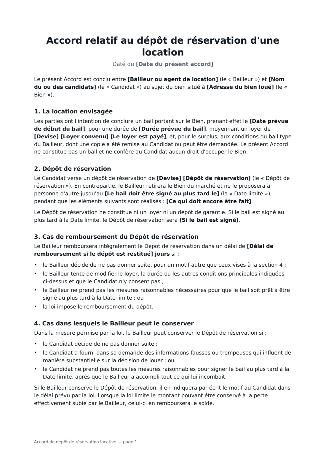 Accord de dépôt de réservation locative — page 1 sur 2