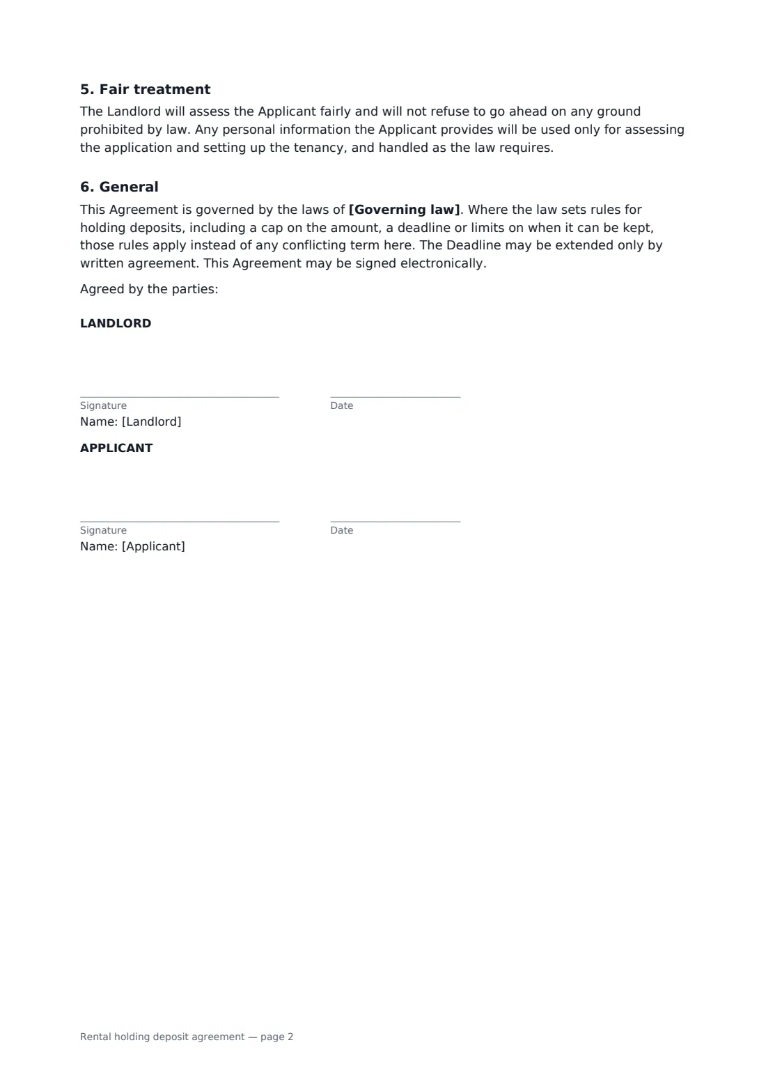 Rental holding deposit agreement — page 2 of 2