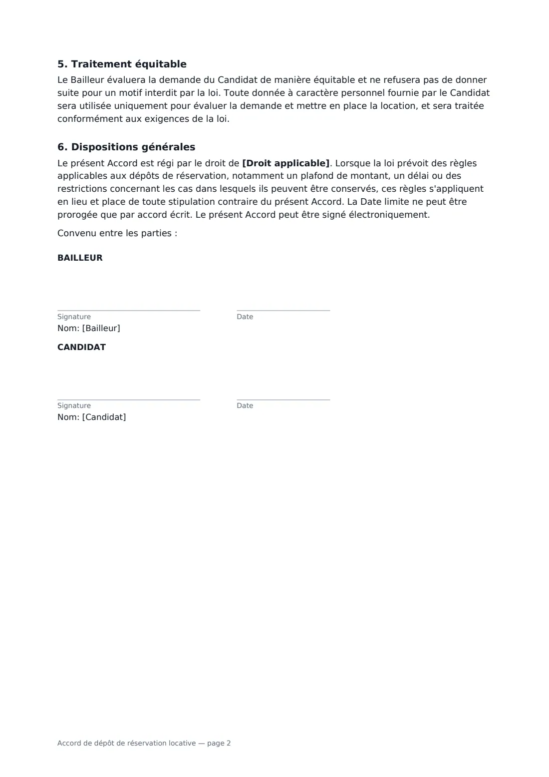 Accord de dépôt de réservation locative — page 2 sur 2