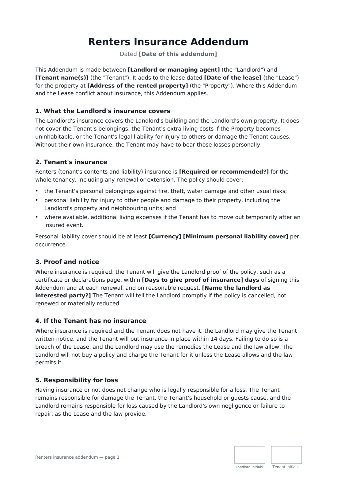 Renters insurance addendum — page 1 of 2