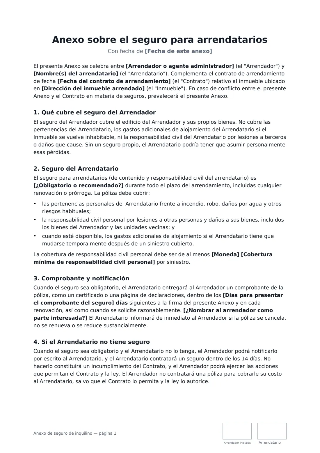 Anexo de seguro de inquilino: página 1 de 2