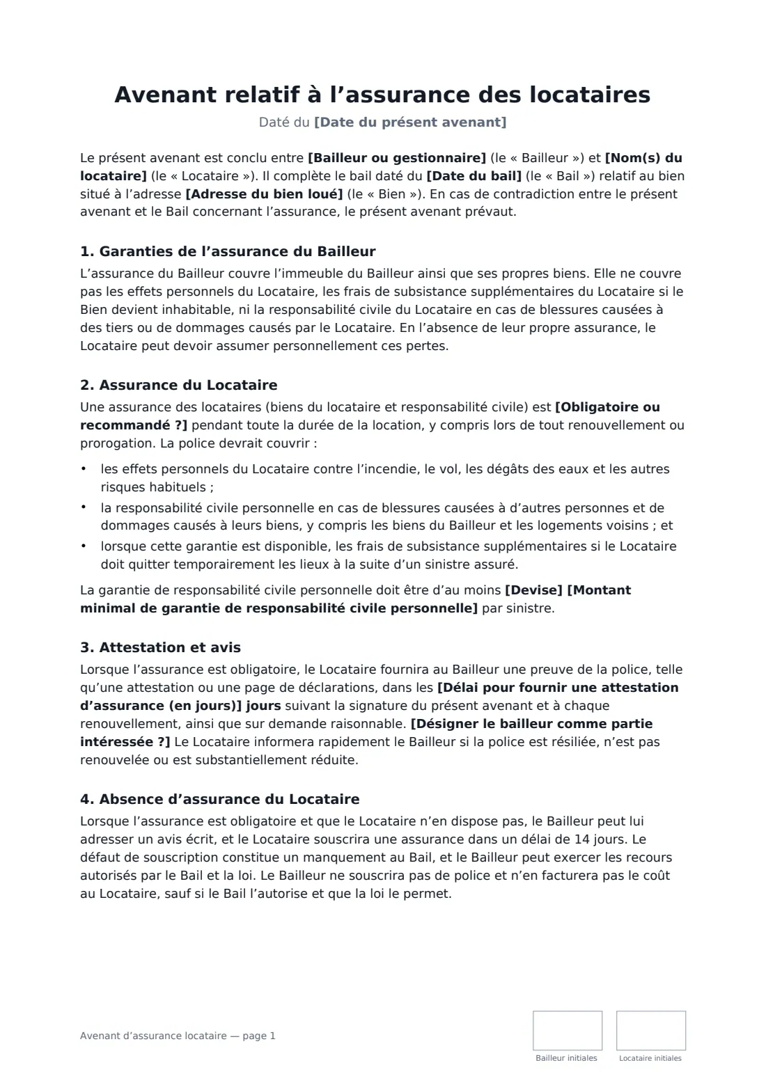 Avenant d’assurance locataire — page 1 sur 2