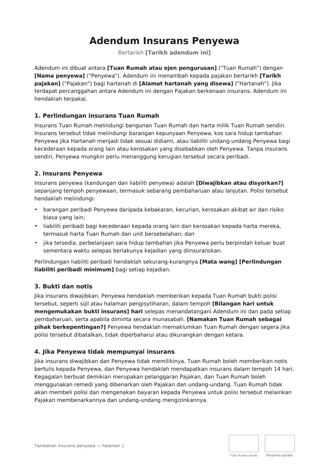 Tambahan insurans penyewa — halaman 1 daripada 2