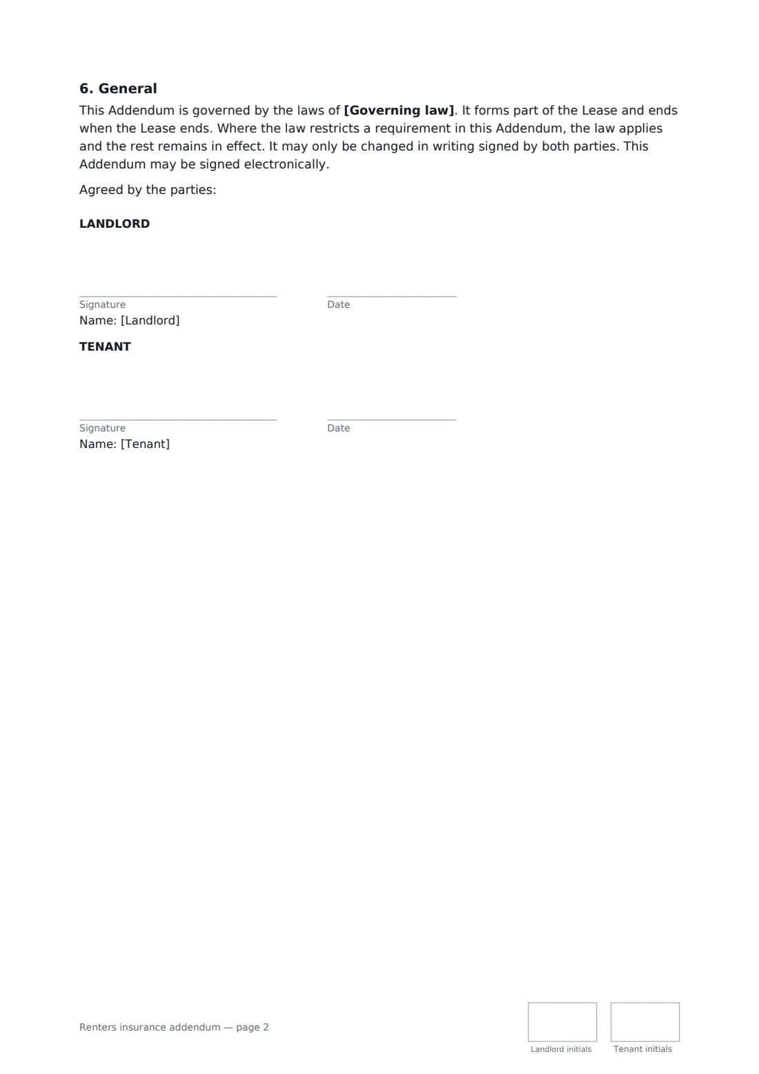 Renters insurance addendum — page 2 of 2