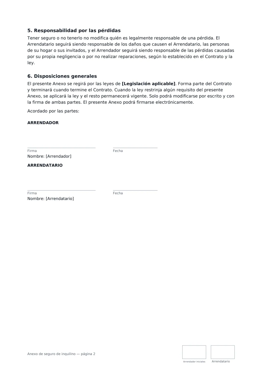 Anexo de seguro de inquilino: página 2 de 2