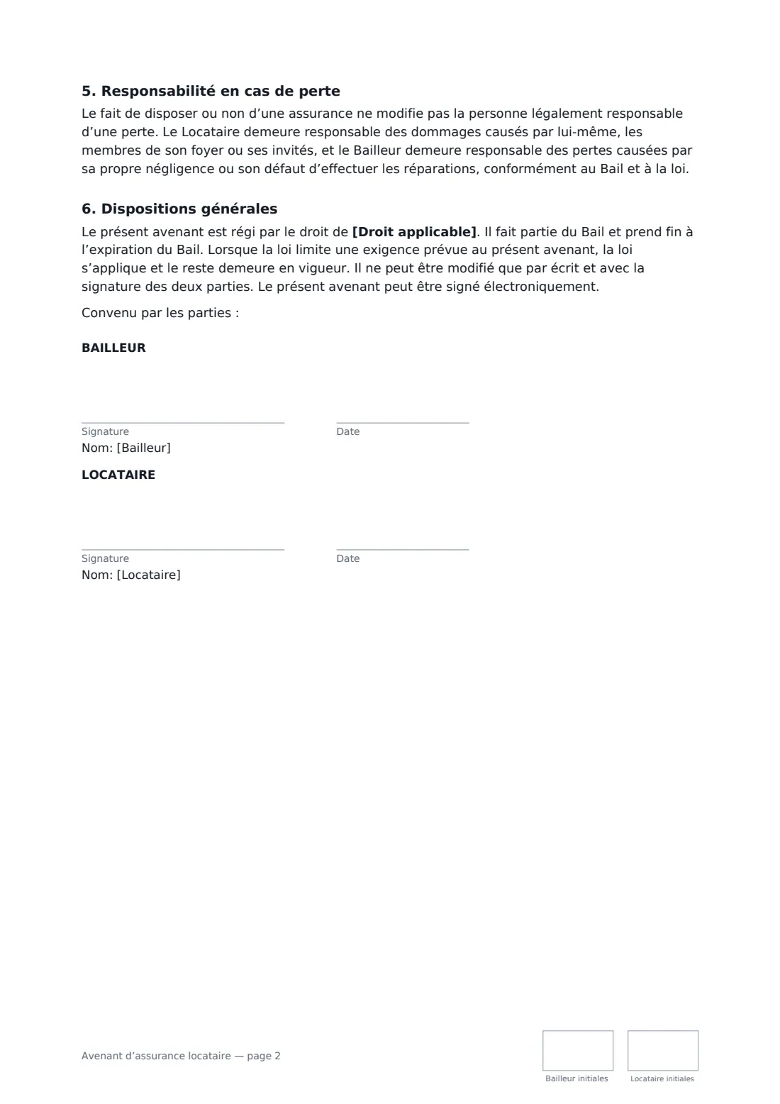 Avenant d’assurance locataire — page 2 sur 2