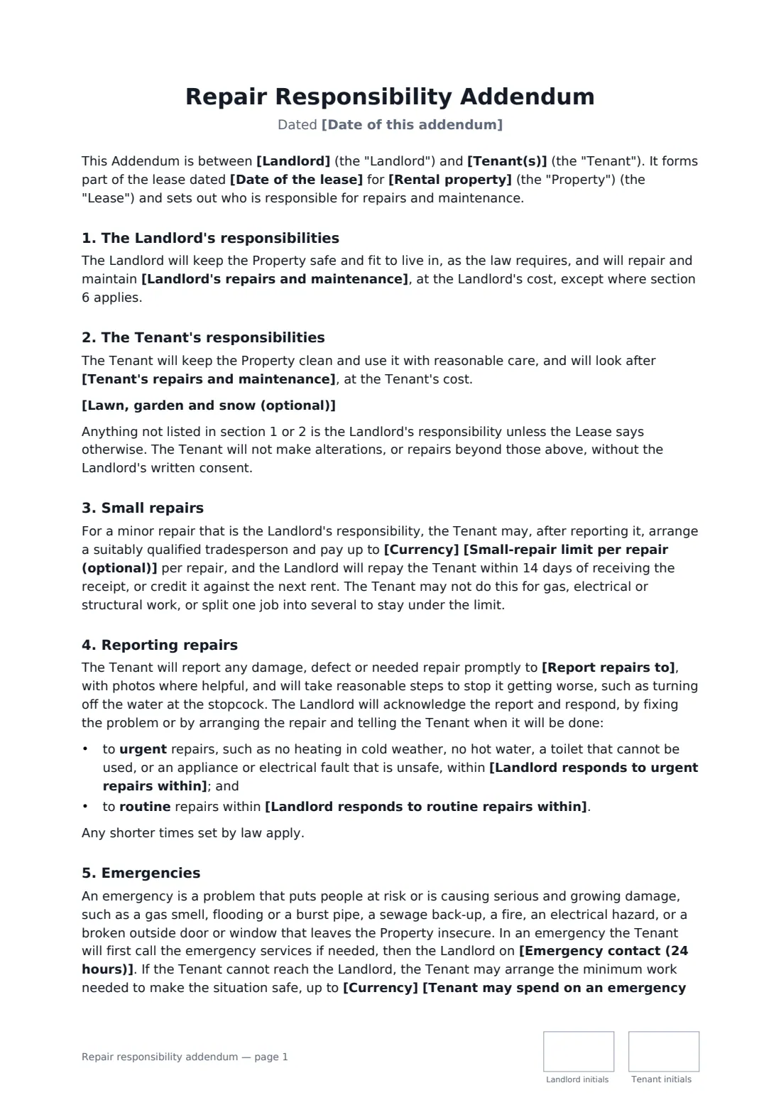 Repair responsibility addendum — page 1 of 2