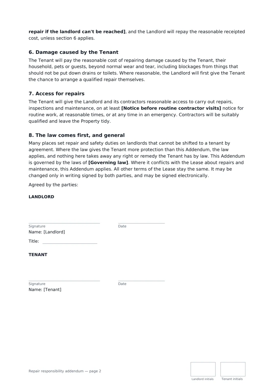 Repair responsibility addendum — page 2 of 2