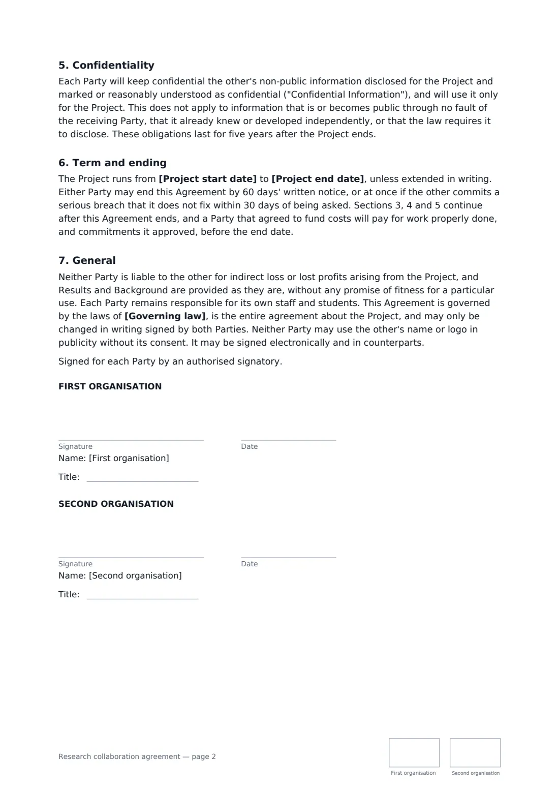 Research collaboration agreement — page 2 of 2