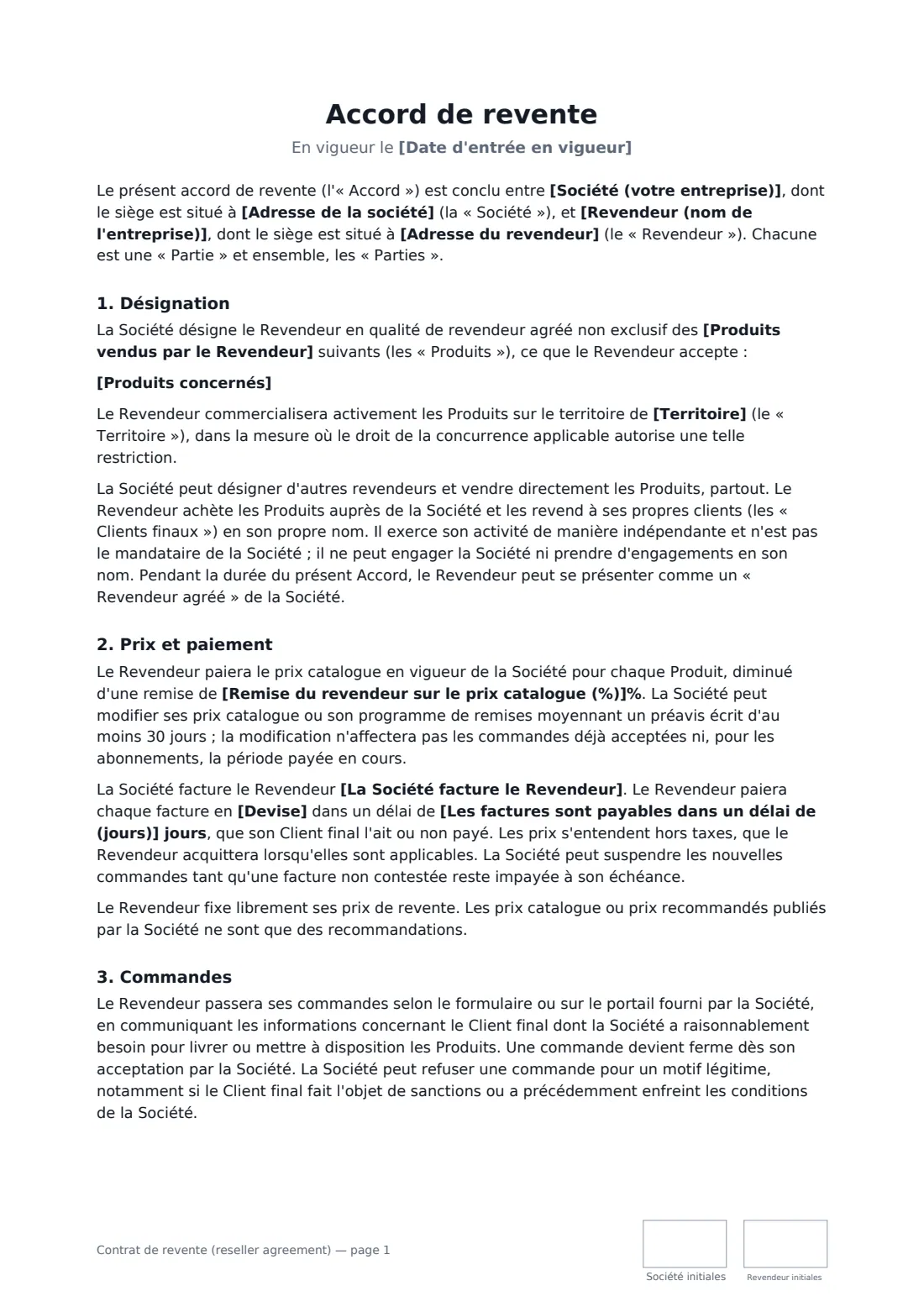 Contrat de revente (reseller agreement) — page 1 sur 4