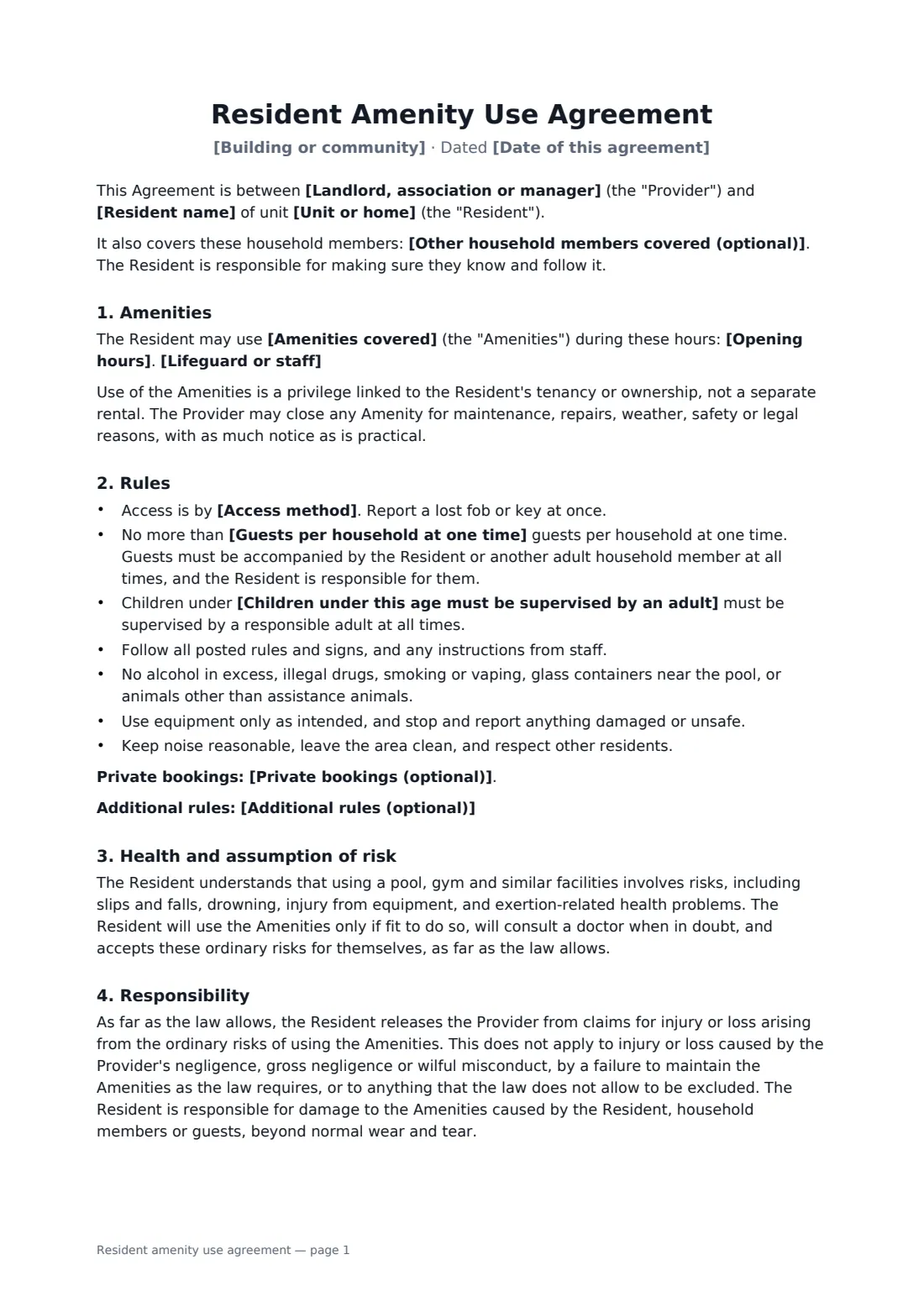 Resident amenity use agreement — page 1 of 2