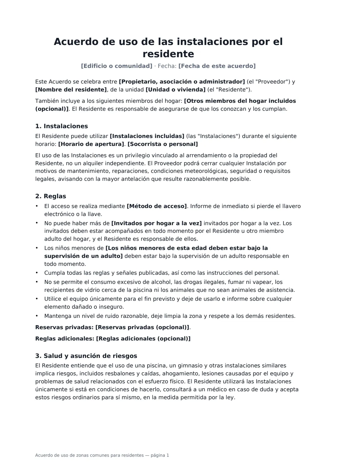 Acuerdo de uso de zonas comunes para residentes: página 1 de 2