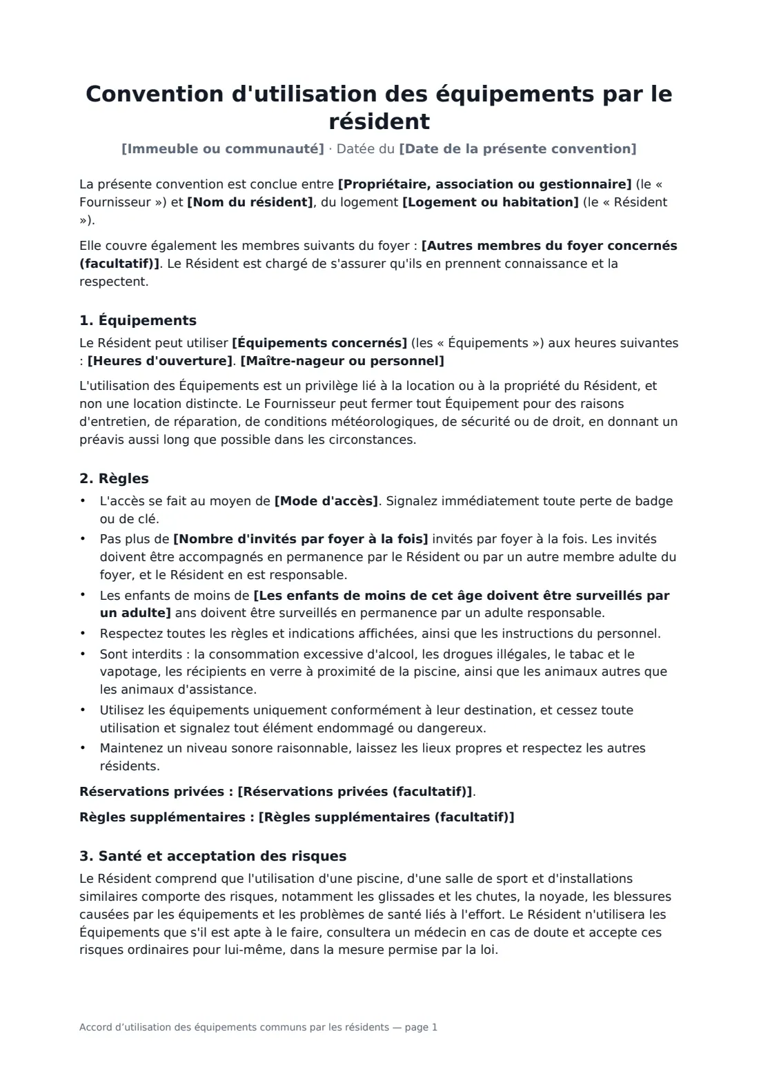 Accord d’utilisation des équipements communs par les résidents — page 1 sur 2