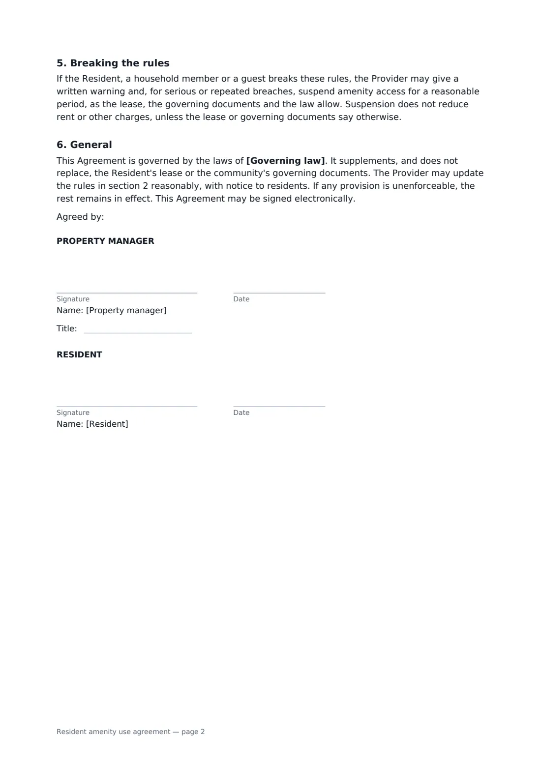 Resident amenity use agreement — page 2 of 2