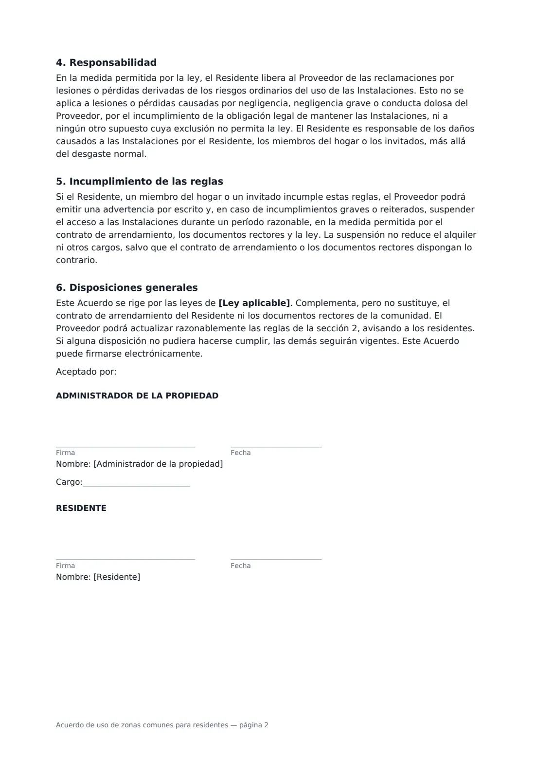 Acuerdo de uso de zonas comunes para residentes: página 2 de 2