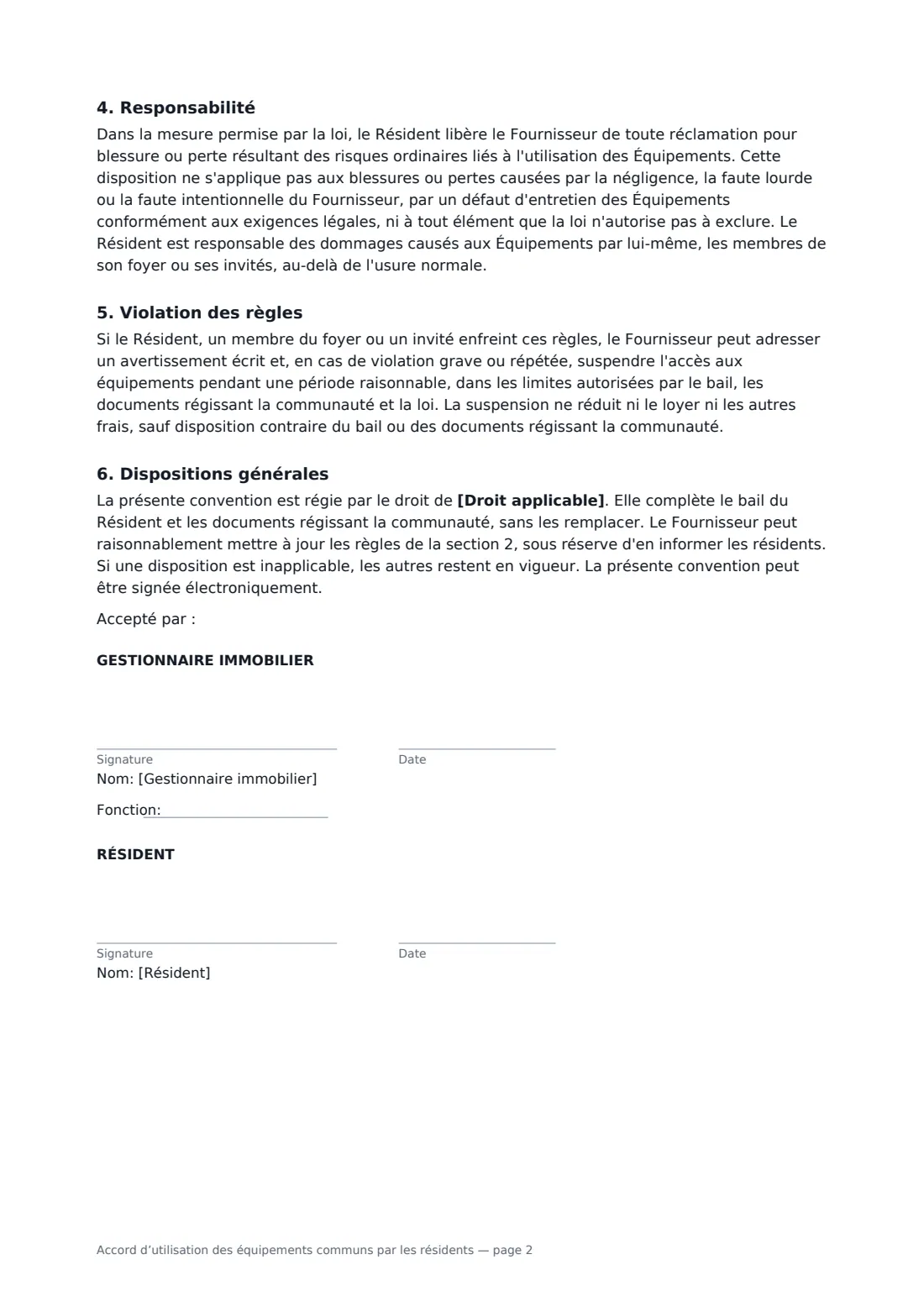 Accord d’utilisation des équipements communs par les résidents — page 2 sur 2