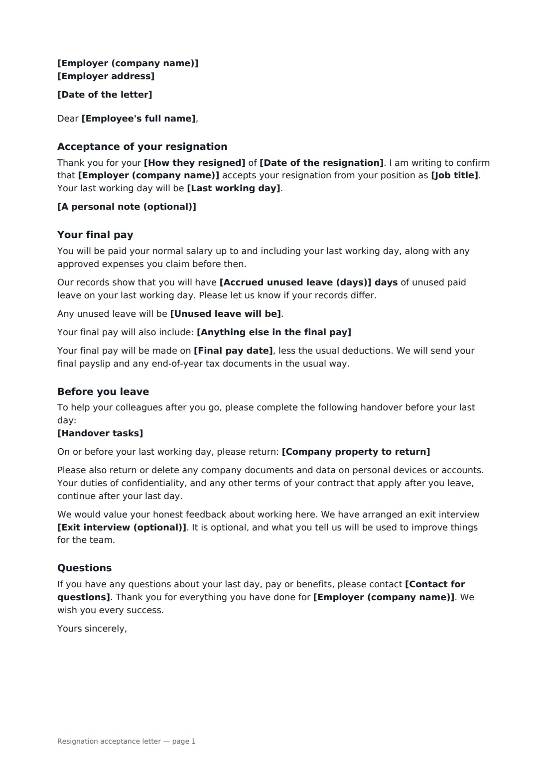 Resignation acceptance letter — page 1 of 2